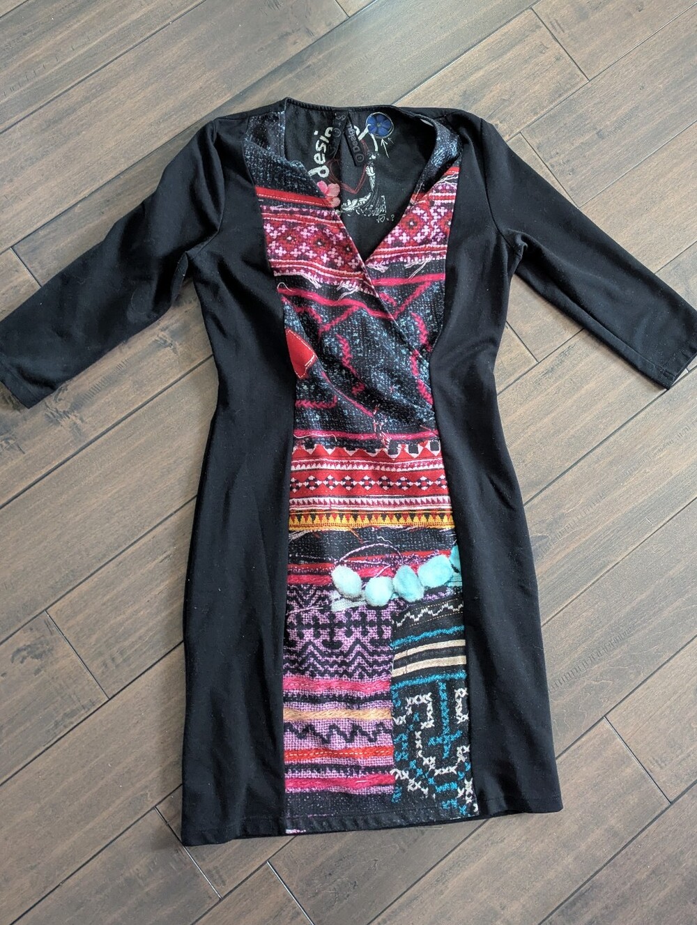 Desigual Black Midi Dress with Multicolor Tribal Panel